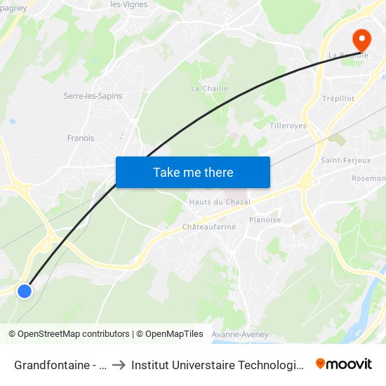 Grandfontaine - Croix Rouge to Institut Universtaire Technologique Besançcon-Vesoul map