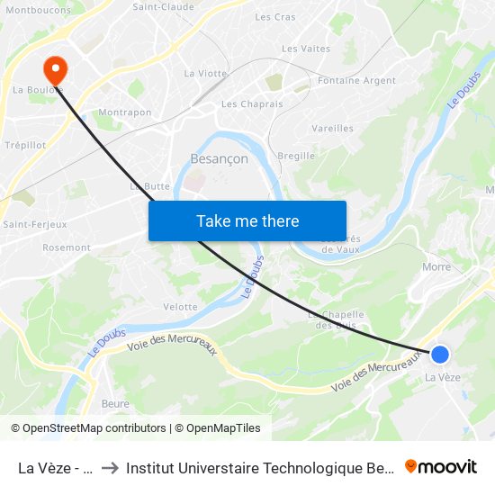 La Vèze - Ecole to Institut Universtaire Technologique Besançcon-Vesoul map
