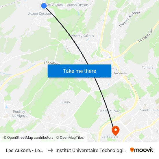 Les Auxons - Les Marronniers to Institut Universtaire Technologique Besançcon-Vesoul map