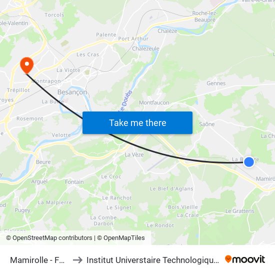 Mamirolle - Ferme Bulle to Institut Universtaire Technologique Besançcon-Vesoul map