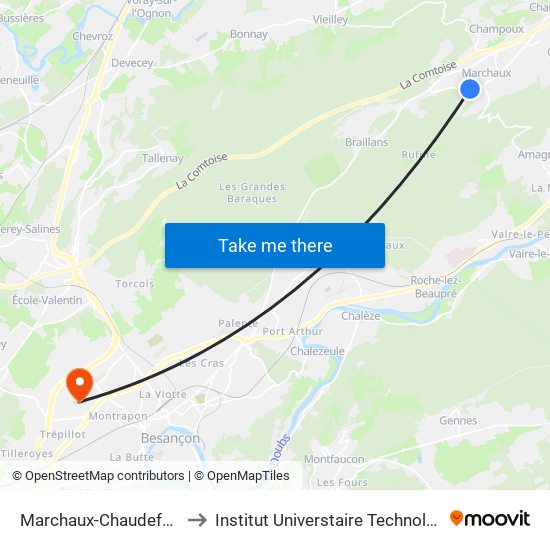 Marchaux-Chaudefontaine - La Tetotte to Institut Universtaire Technologique Besançcon-Vesoul map