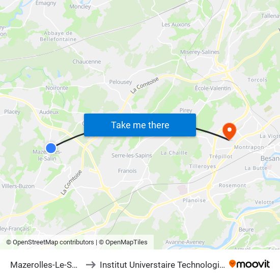 Mazerolles-Le-Salin - Cimetière to Institut Universtaire Technologique Besançcon-Vesoul map