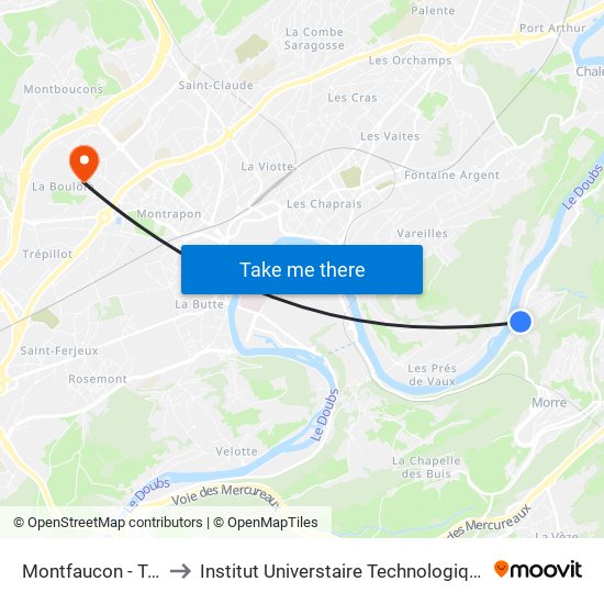 Montfaucon - Traine Bâton to Institut Universtaire Technologique Besançcon-Vesoul map