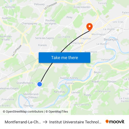 Montferrand-Le-Château - Le Bochet to Institut Universtaire Technologique Besançcon-Vesoul map