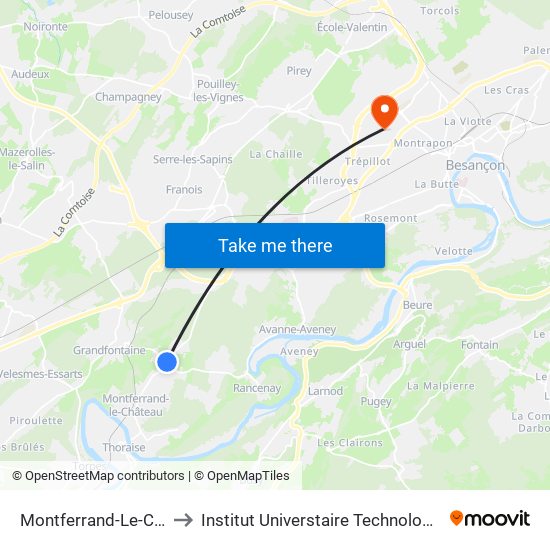 Montferrand-Le-Château - Marne to Institut Universtaire Technologique Besançcon-Vesoul map