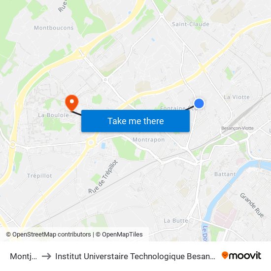 Montjoux to Institut Universtaire Technologique Besançcon-Vesoul map