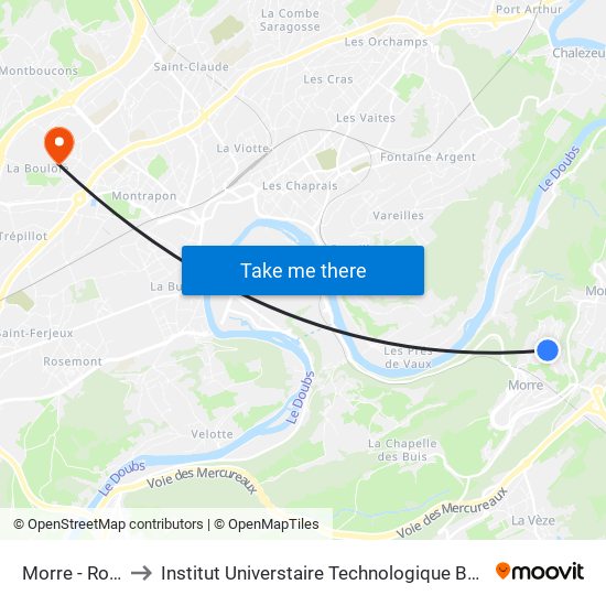 Morre - Roc Clair to Institut Universtaire Technologique Besançcon-Vesoul map