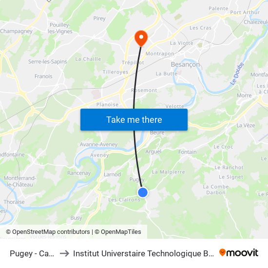 Pugey - Carrefour to Institut Universtaire Technologique Besançcon-Vesoul map