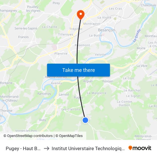 Pugey - Haut Bonnet Rond to Institut Universtaire Technologique Besançcon-Vesoul map