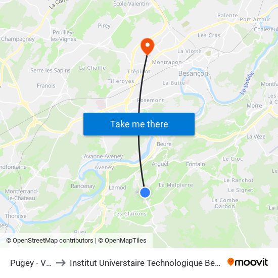 Pugey - Village to Institut Universtaire Technologique Besançcon-Vesoul map