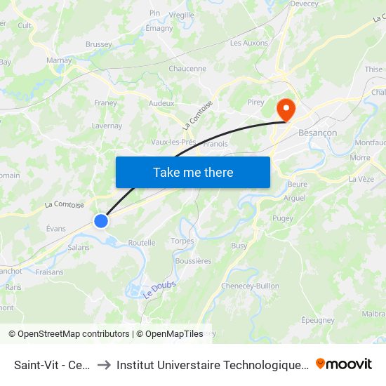 Saint-Vit - Centre-Ville to Institut Universtaire Technologique Besançcon-Vesoul map