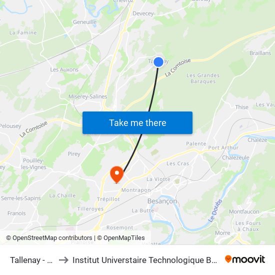 Tallenay - Centre to Institut Universtaire Technologique Besançcon-Vesoul map