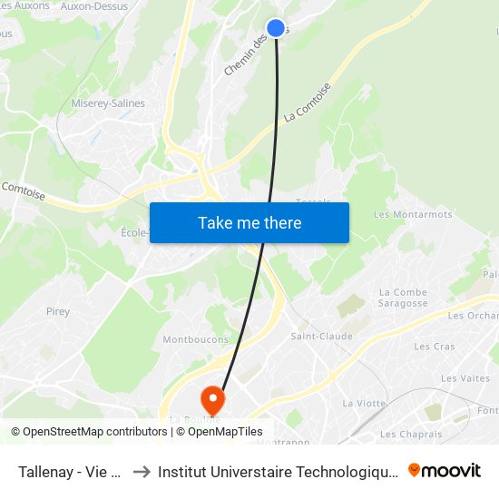 Tallenay - Vie Aux Loups to Institut Universtaire Technologique Besançcon-Vesoul map
