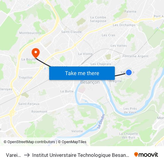 Vareilles to Institut Universtaire Technologique Besançcon-Vesoul map