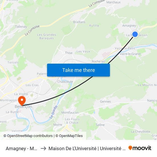 Amagney - Malmaison to Maison De L'Université | Université De Franche-Comté map