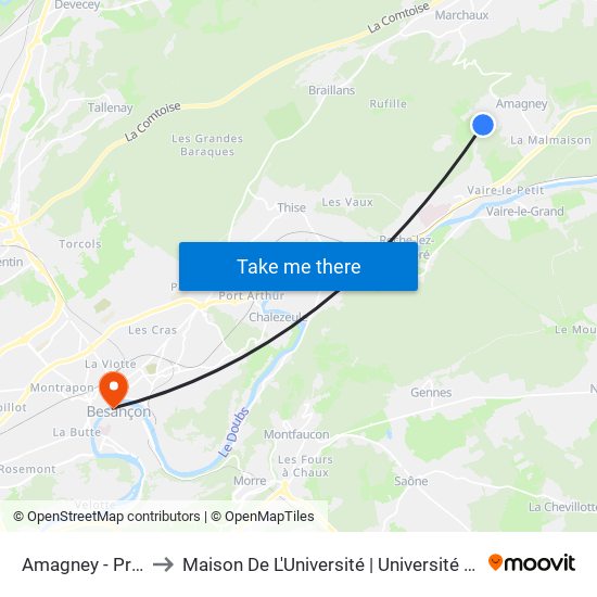 Amagney - Prés Noirs to Maison De L'Université | Université De Franche-Comté map