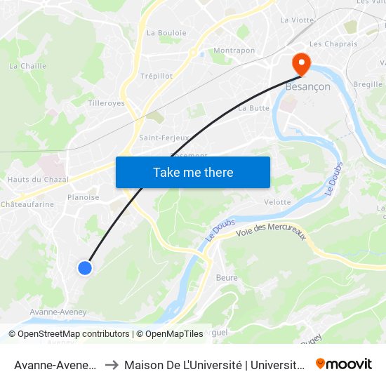 Avanne-Aveney - Chenoz to Maison De L'Université | Université De Franche-Comté map