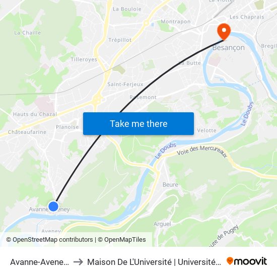 Avanne-Aveney - Mairie to Maison De L'Université | Université De Franche-Comté map