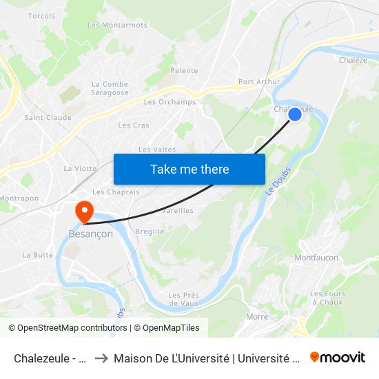 Chalezeule - Fontaine to Maison De L'Université | Université De Franche-Comté map