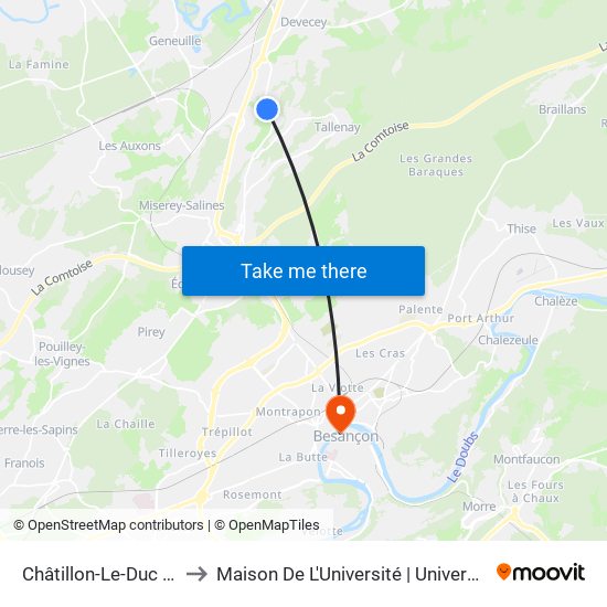Châtillon-Le-Duc - Clos Du Fort to Maison De L'Université | Université De Franche-Comté map