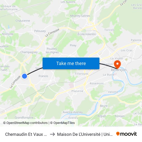 Chemaudin Et Vaux - Zone De L'Echange to Maison De L'Université | Université De Franche-Comté map