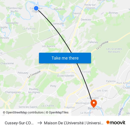 Cussey-Sur-L'Ognon - Ecole to Maison De L'Université | Université De Franche-Comté map