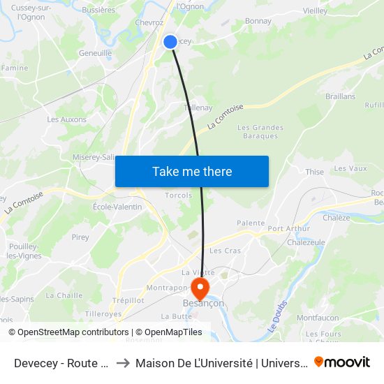 Devecey - Route De Besançon to Maison De L'Université | Université De Franche-Comté map