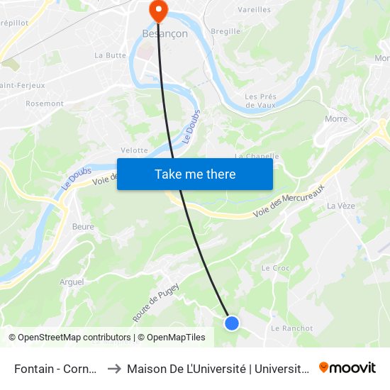 Fontain - Corne Aux Vaux to Maison De L'Université | Université De Franche-Comté map