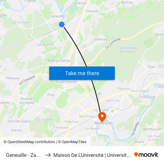 Geneuille - Za Vauvereille to Maison De L'Université | Université De Franche-Comté map