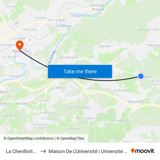La Chevillotte - Mairie to Maison De L'Université | Université De Franche-Comté map