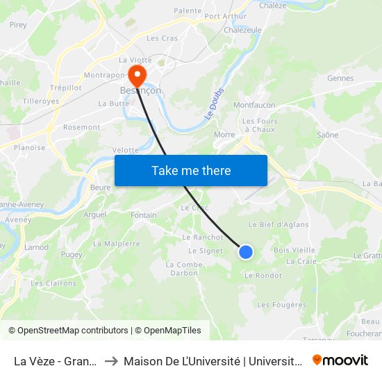 La Vèze - Grande Combe to Maison De L'Université | Université De Franche-Comté map
