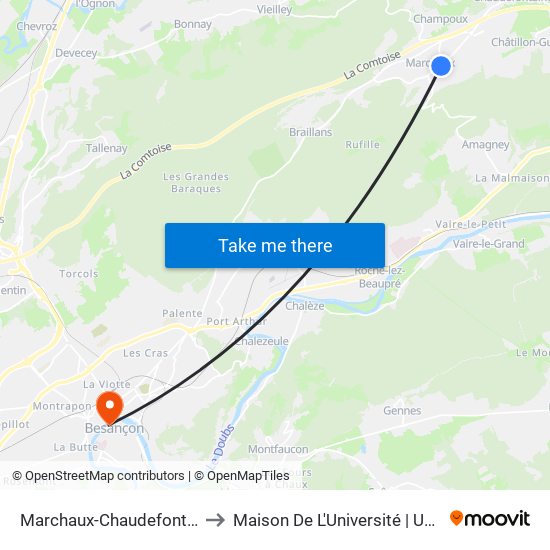Marchaux-Chaudefontaine - Champs De Foire to Maison De L'Université | Université De Franche-Comté map