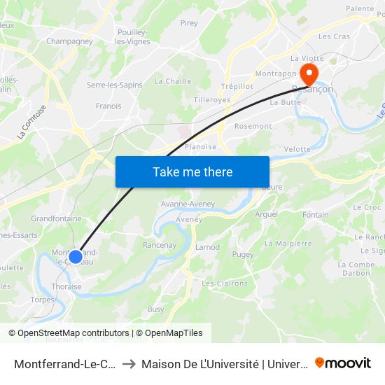 Montferrand-Le-Château - Mairie to Maison De L'Université | Université De Franche-Comté map