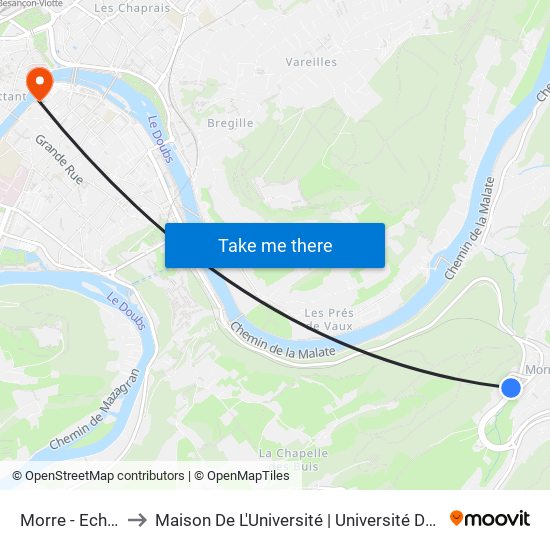 Morre - Echangeur to Maison De L'Université | Université De Franche-Comté map