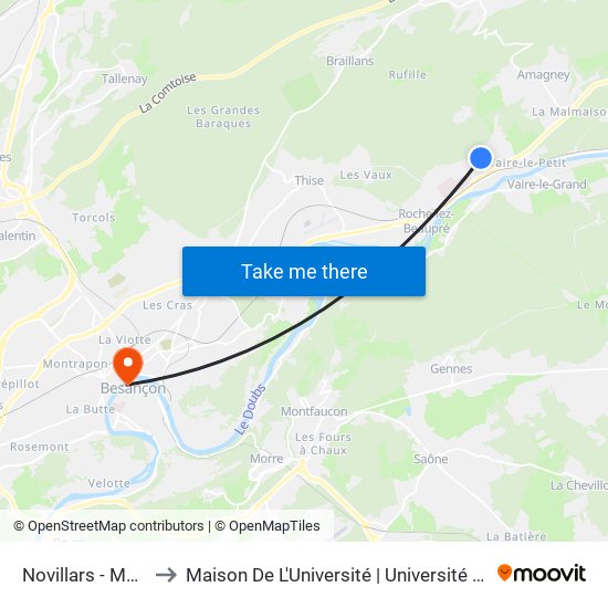 Novillars - Marie Curie to Maison De L'Université | Université De Franche-Comté map