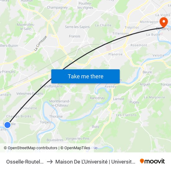 Osselle-Routelle - Centre to Maison De L'Université | Université De Franche-Comté map