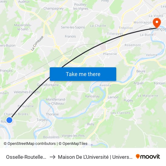 Osselle-Routelle - Randebelin to Maison De L'Université | Université De Franche-Comté map