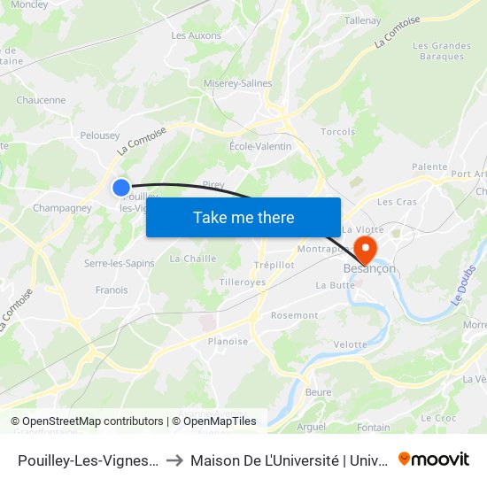 Pouilley-Les-Vignes - Groupe Scolaire to Maison De L'Université | Université De Franche-Comté map