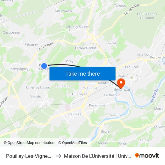 Pouilley-Les-Vignes - Salle Des Fêtes to Maison De L'Université | Université De Franche-Comté map