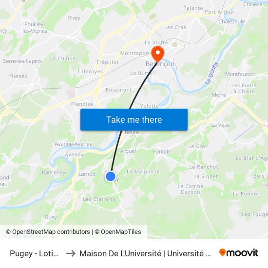 Pugey - Lotissement to Maison De L'Université | Université De Franche-Comté map