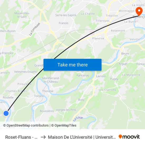 Roset-Fluans - La Veloupe to Maison De L'Université | Université De Franche-Comté map