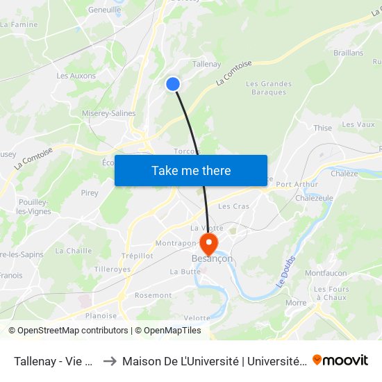 Tallenay - Vie Aux Loups to Maison De L'Université | Université De Franche-Comté map
