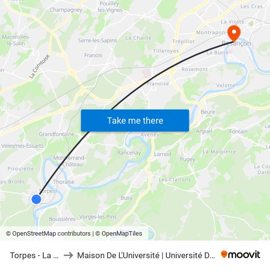 Torpes - La Combe to Maison De L'Université | Université De Franche-Comté map