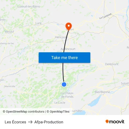 Les Écorces to Afpa-Production map