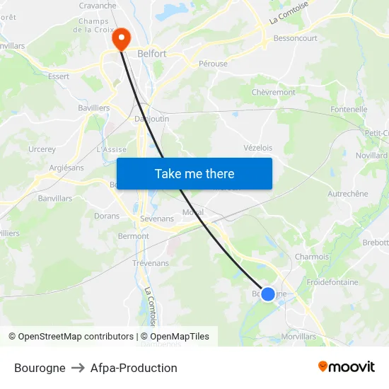 Bourogne to Afpa-Production map