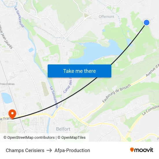 Champs Cerisiers to Afpa-Production map