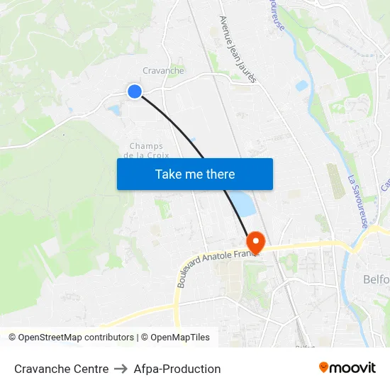 Cravanche Centre to Afpa-Production map