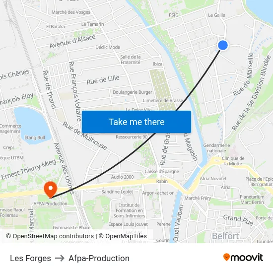 Les Forges to Afpa-Production map