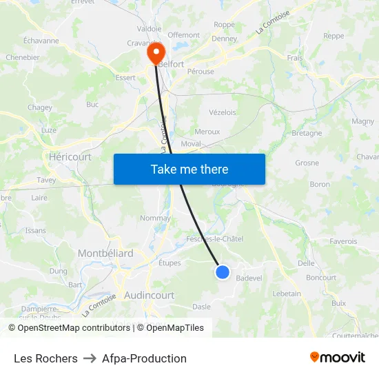 Les Rochers to Afpa-Production map
