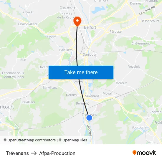 Trévenans to Afpa-Production map